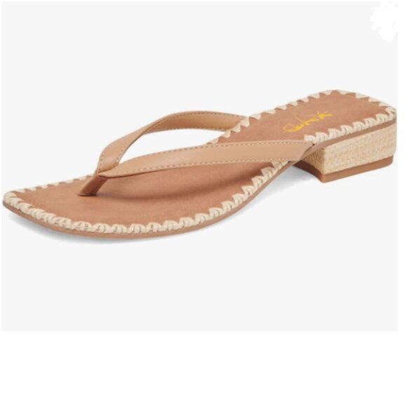 XYD Light Tan Open Toe Woven Flip Flops Summer Chunky Low Heel Thong Sandals - Picture 1 of 8